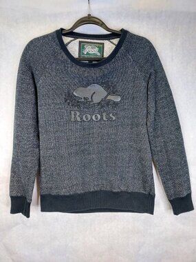 Roots Pull Over Sweatshirt Women XS Faux Leather Beaver Logo Black & Gray Preppy